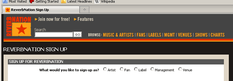 ReverbNation singup category selection