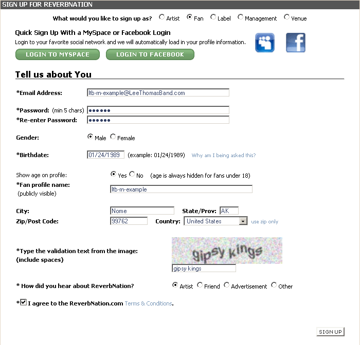 ReverbNation fan signup form
