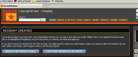 ReverbNation fan signup confirmation